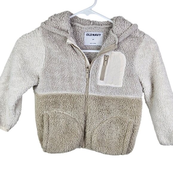 Old Navy Neutral Beige Tan Fleece Sherpa Zip Hoodie Toddler Size 4T - Picture 1 of 9